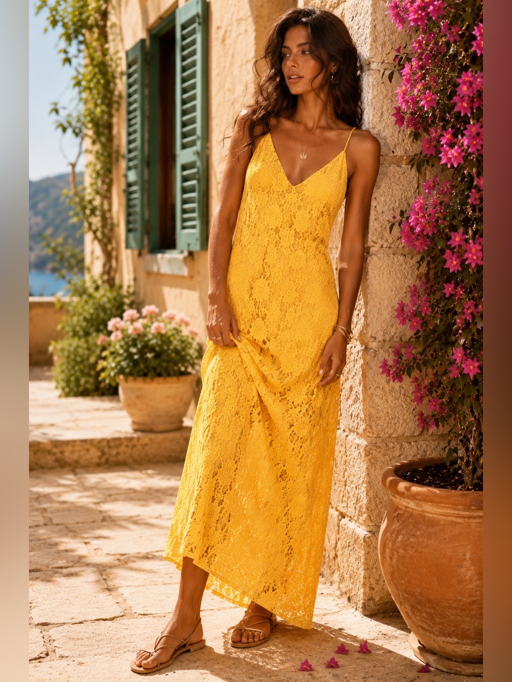 NWT ZARA Sunflower Yellow Floral Lace Overlay Sleeveless V Neck Maxi Slip Dress
